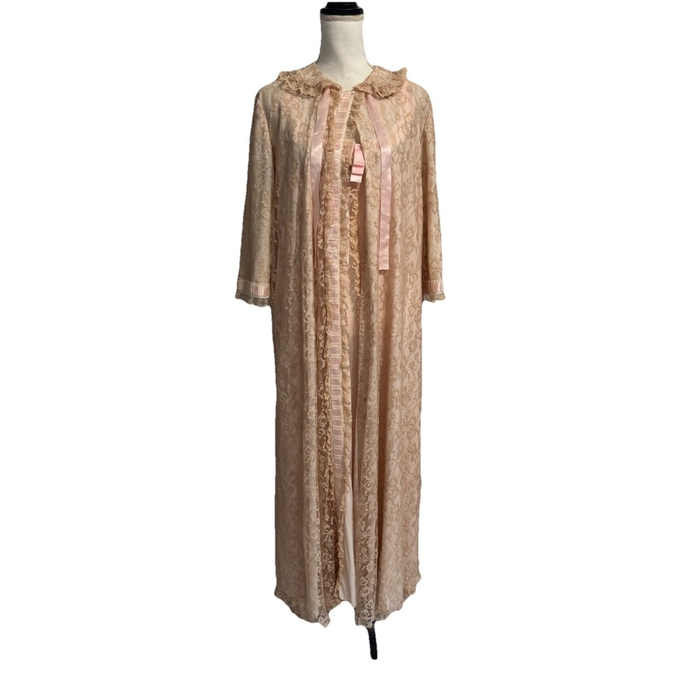 Vtg Odette Barsa L/XL Peignoir Set Robe Gown Pink Lace Overlay Sheer Ruffles